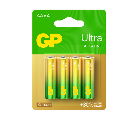 Four pieces of Ultra Alkaline AA batteries in blister card - GP Batteries Australia