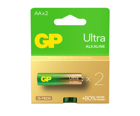 Two pieces of Ultra Alkaline AA batteries in a paper box - GP Batteries Australia
