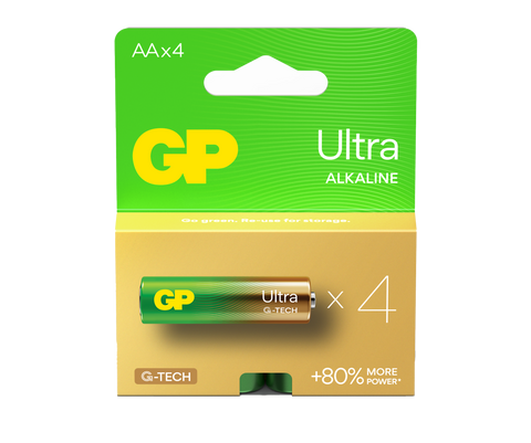 Four pieces of Ultra Alkaline AA batteries in a paper box - GP Batteries Australia