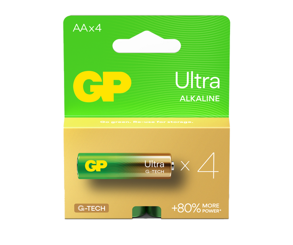 Four pieces of Ultra Alkaline AA batteries in a paper box - GP Batteries Australia