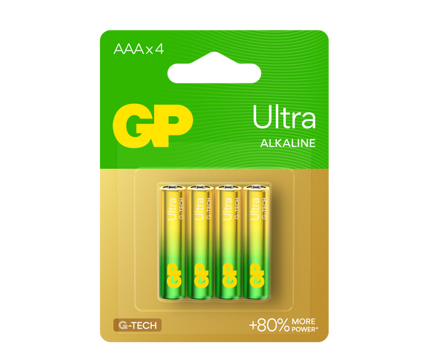 Four pieces of Ultra Alkaline AAA batteries in blister card - GP Batteries Australia