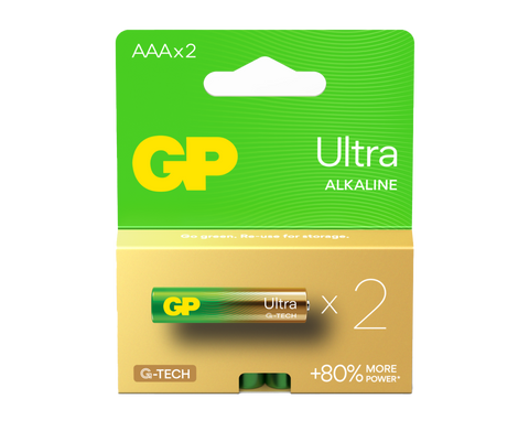Two pieces of Ultra Alkaline AAA batteries in a paper box - GP Batteries Australia