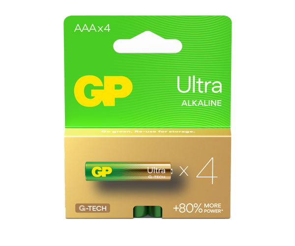 Four pieces of Ultra Alkaline AAA batteries in a paper box - GP Batteries Australia
